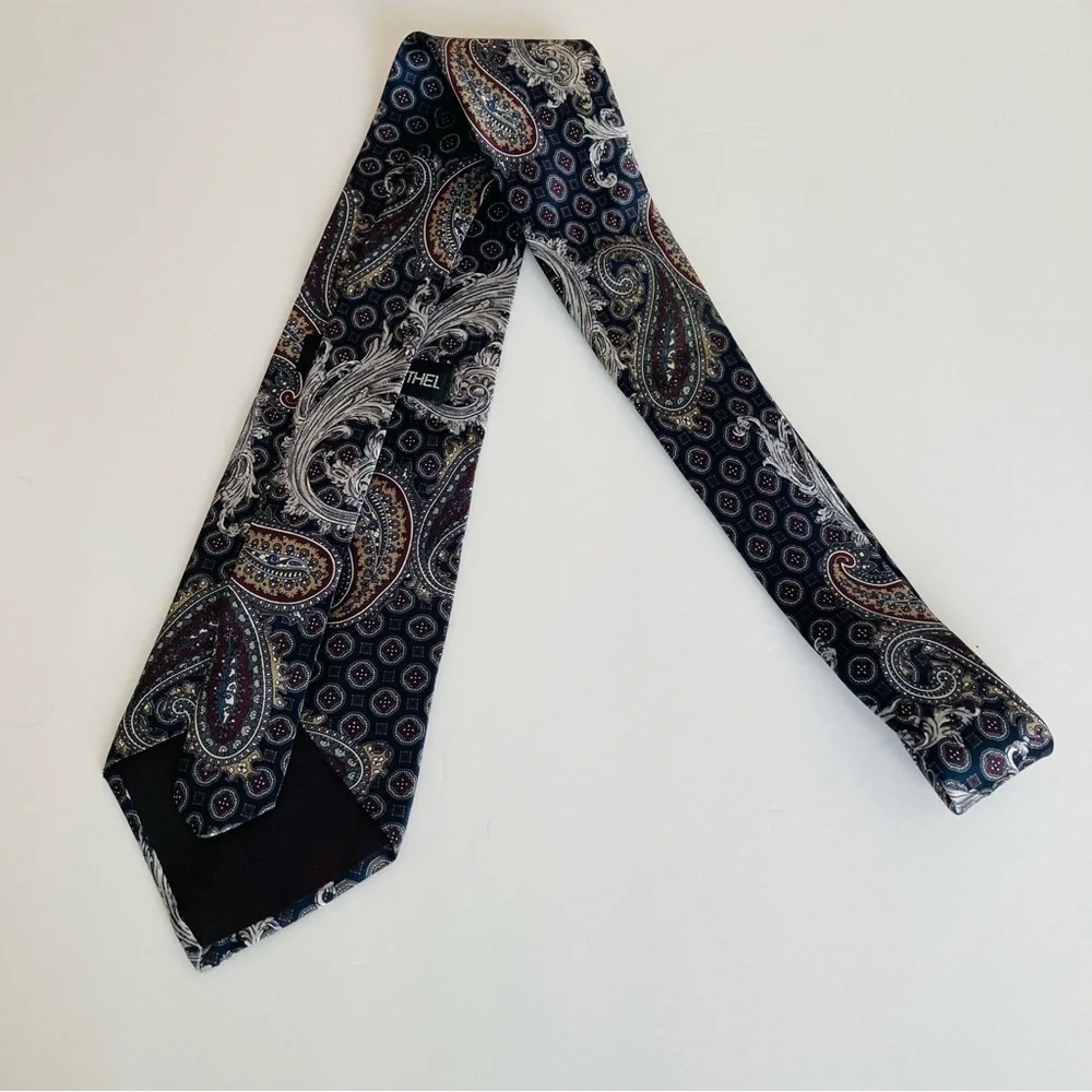 Bundle of 2 Henry Grethel Italian Silk Neck Ties 58” and 56” Paisley Leaf Black